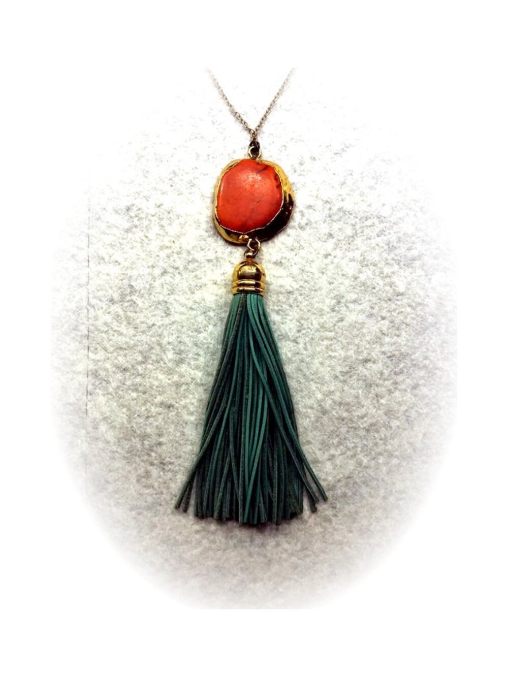 Boho Tassel Pendant Necklace - Coral Stone, Long Statement Handmade